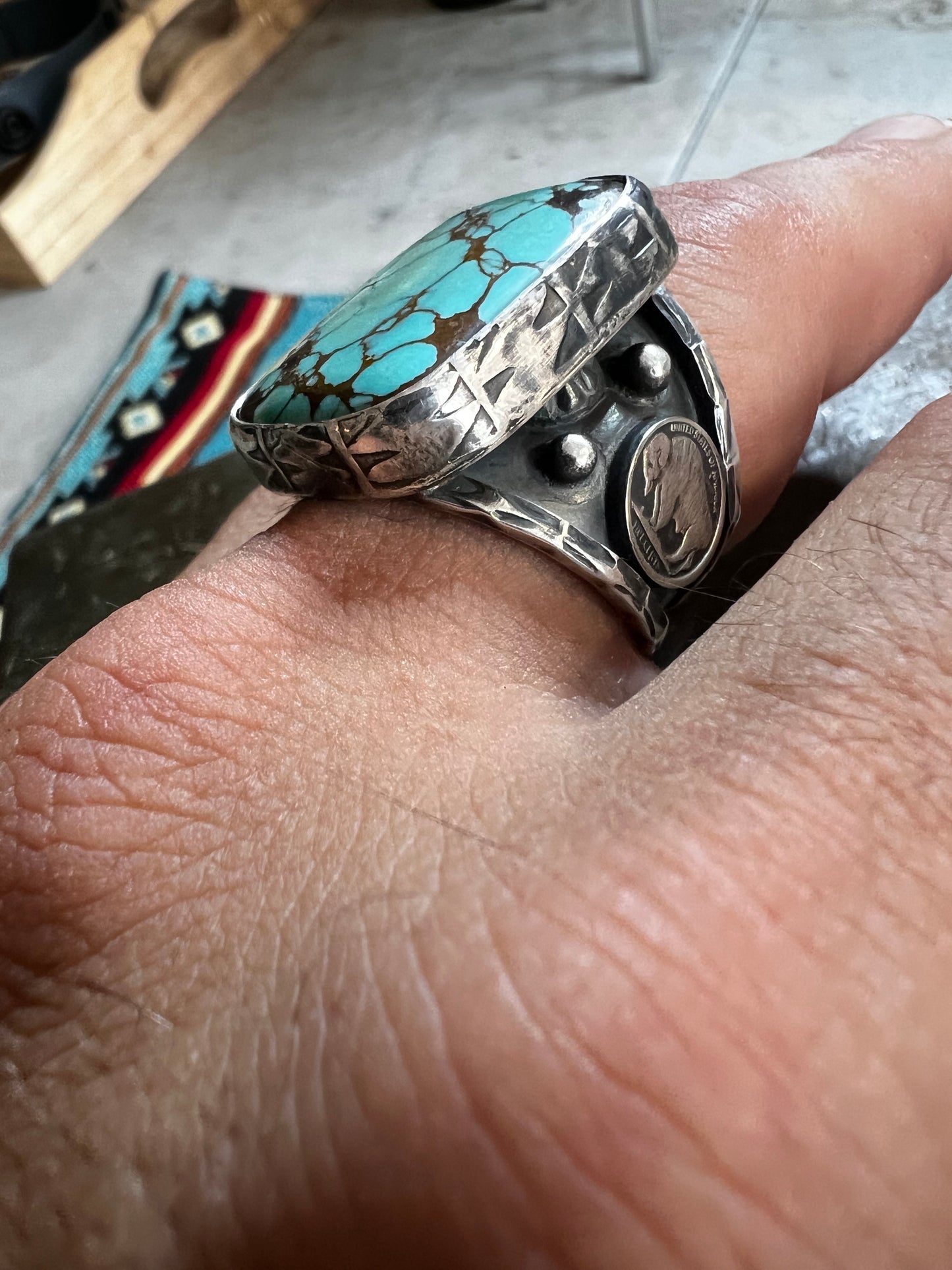 Handmade sterling silver and hubie turquoise ring. Size 10