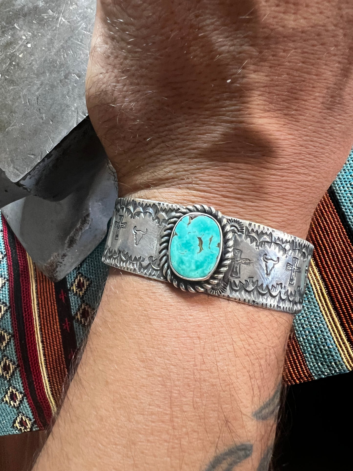 Handmade sterling silver cuff with Pilot Mountain turquoise. Size 6 inches.