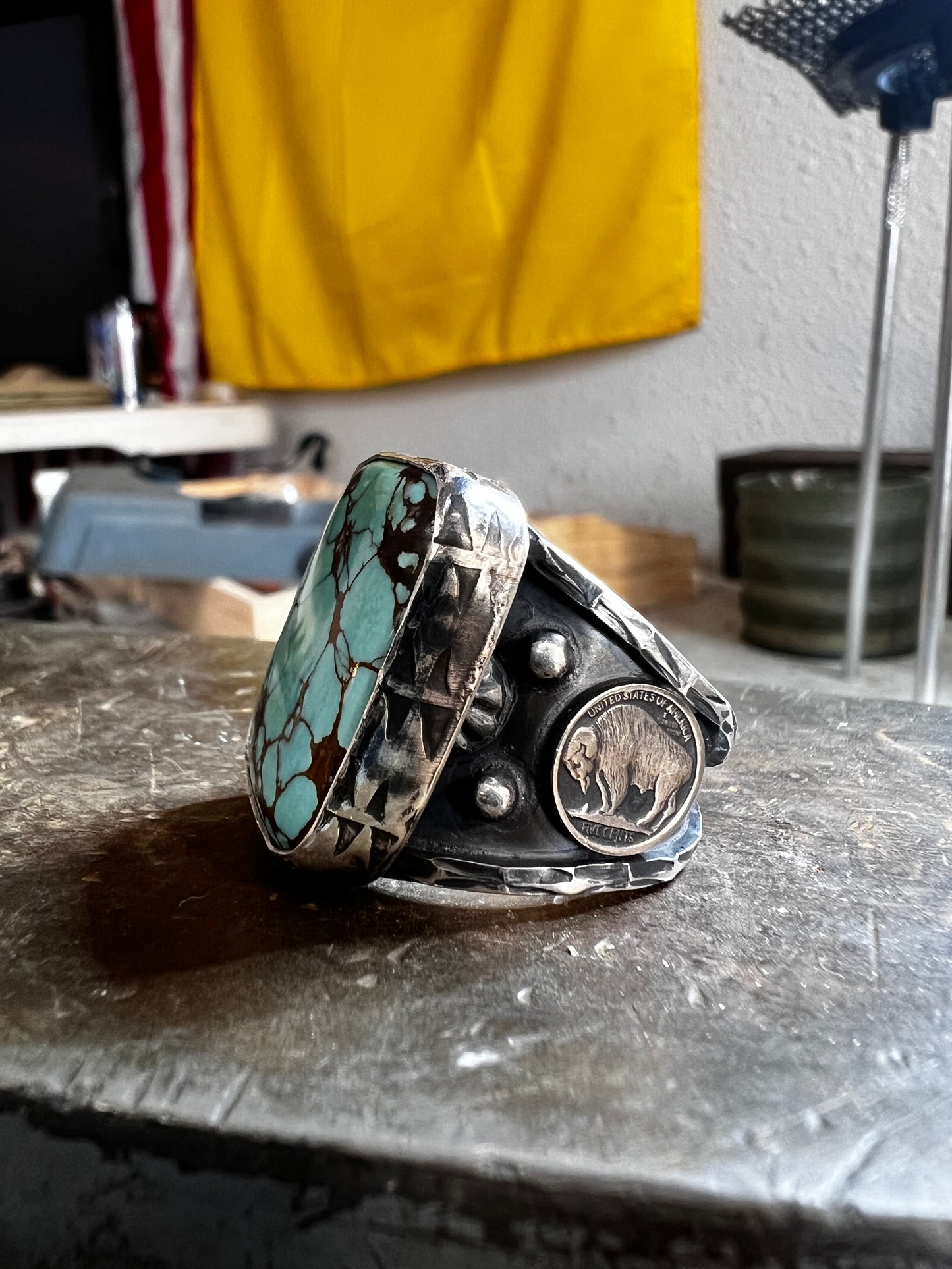Handmade sterling silver and hubie turquoise ring. Size 10
