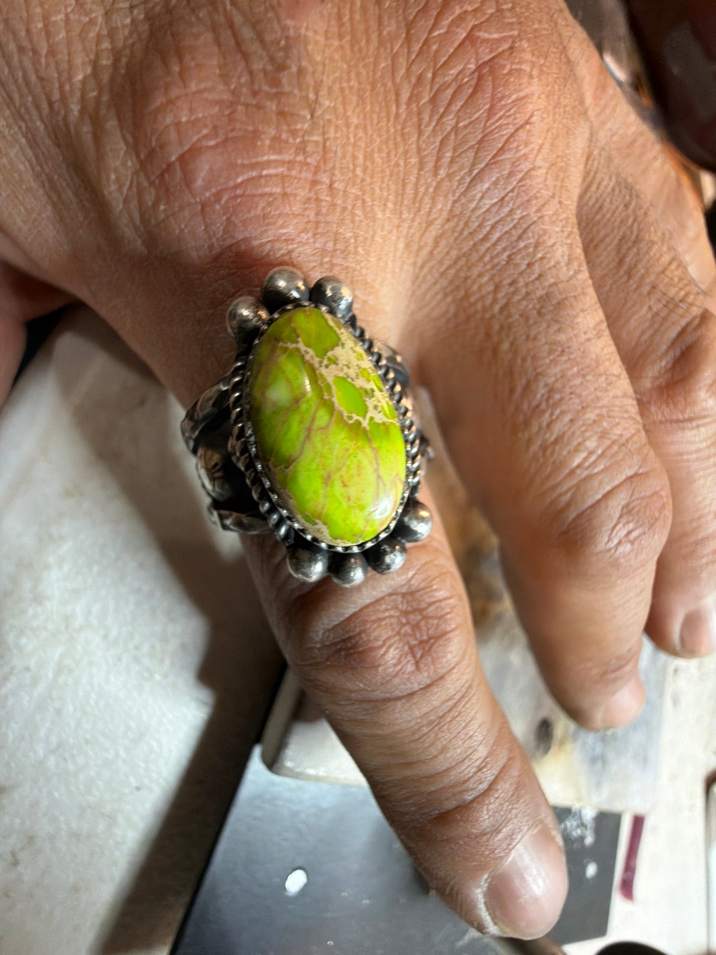 Sterling silver and apple green Hubei turquoise size 12.5