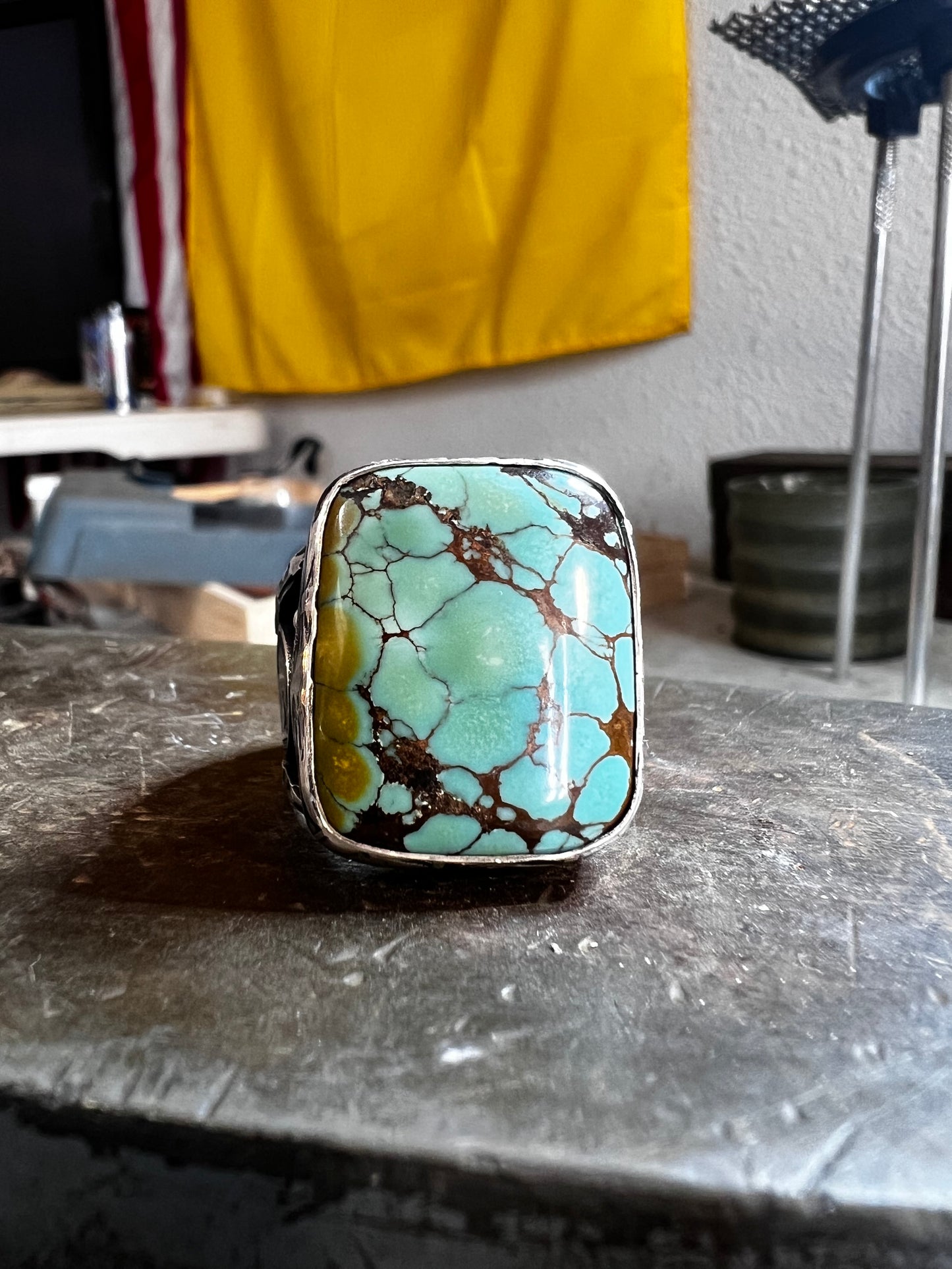 Handmade sterling silver and hubie turquoise ring. Size 10
