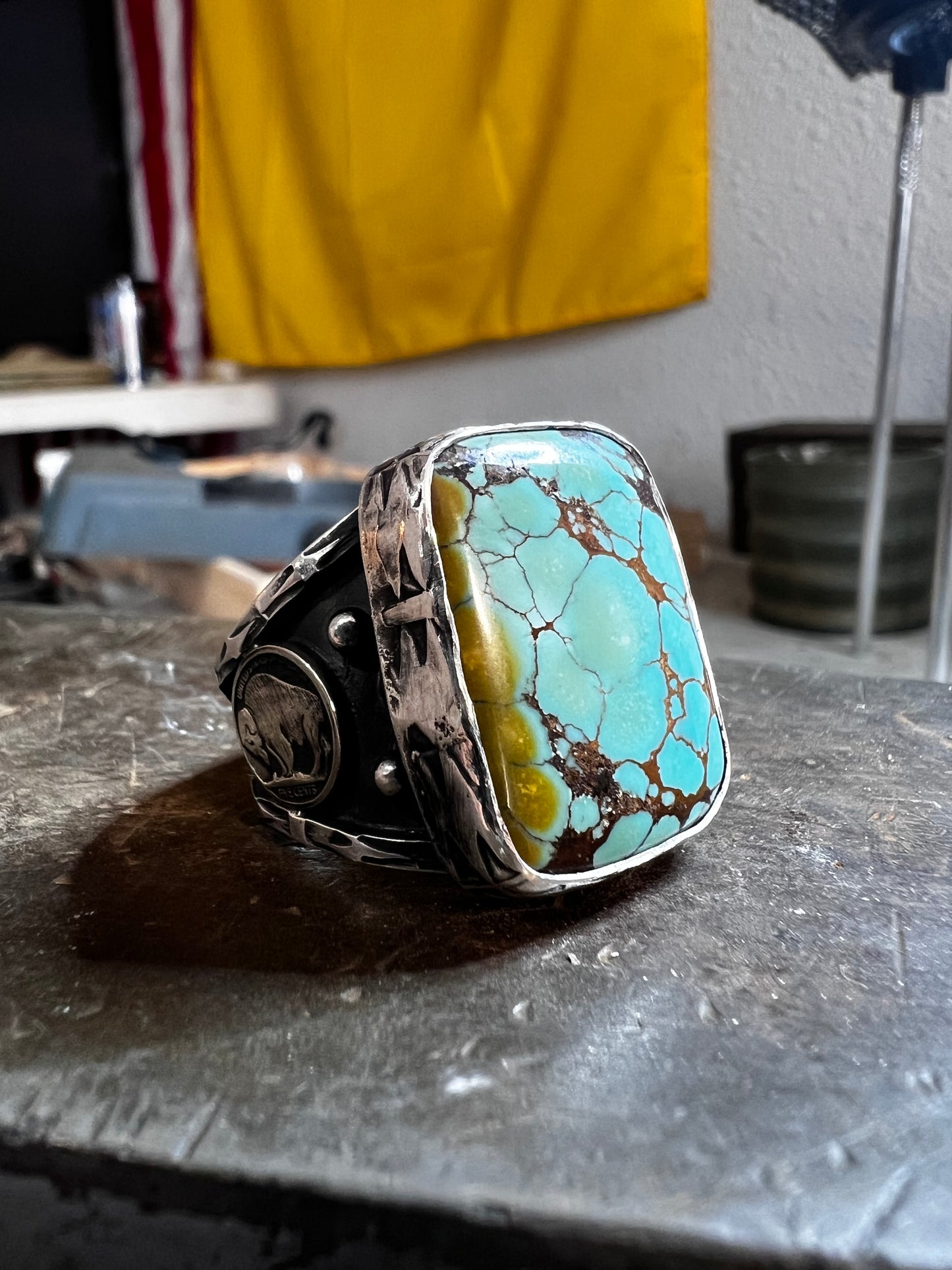Handmade sterling silver and hubie turquoise ring. Size 10