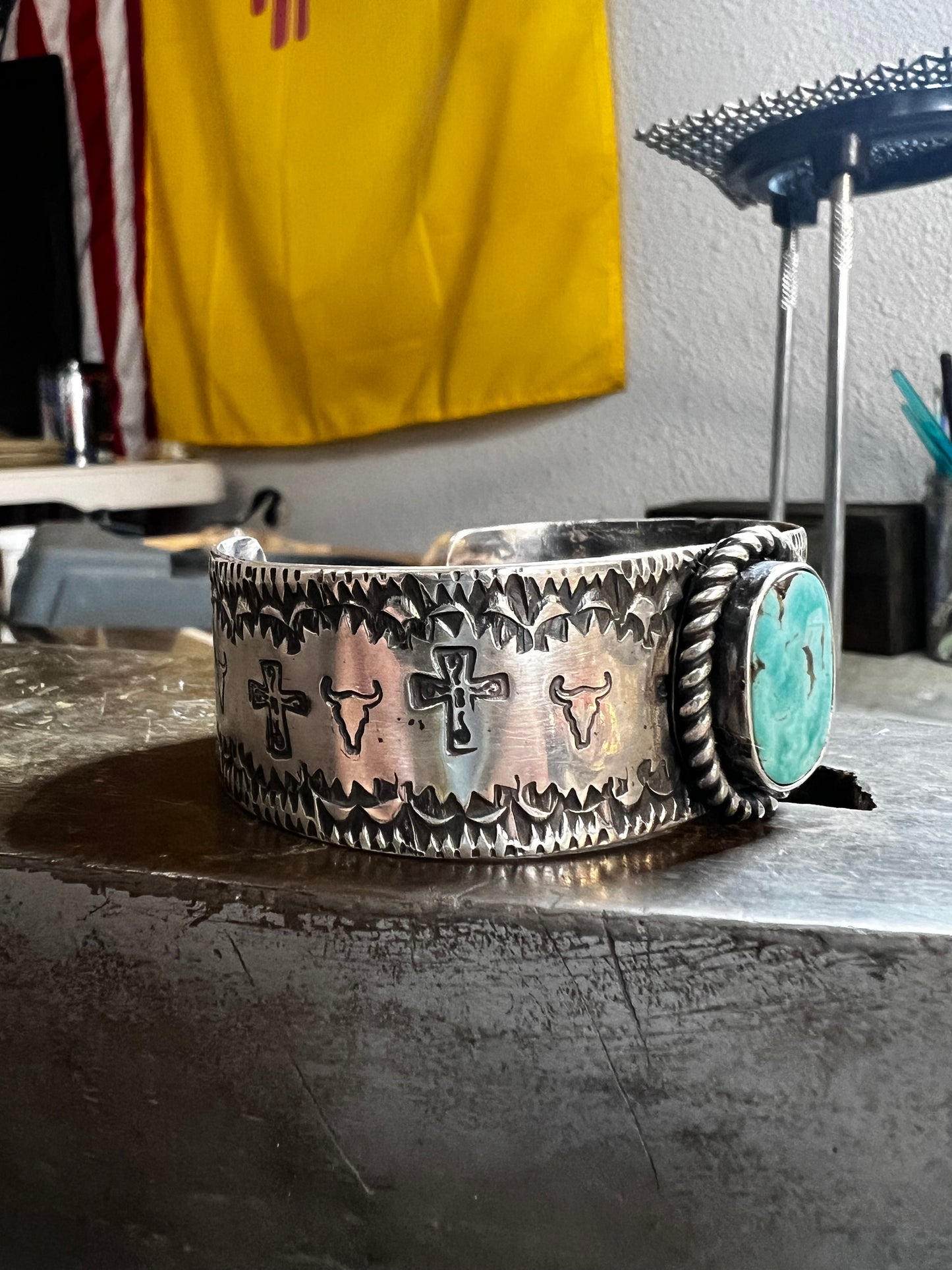 Handmade sterling silver cuff with Pilot Mountain turquoise. Size 6 inches.