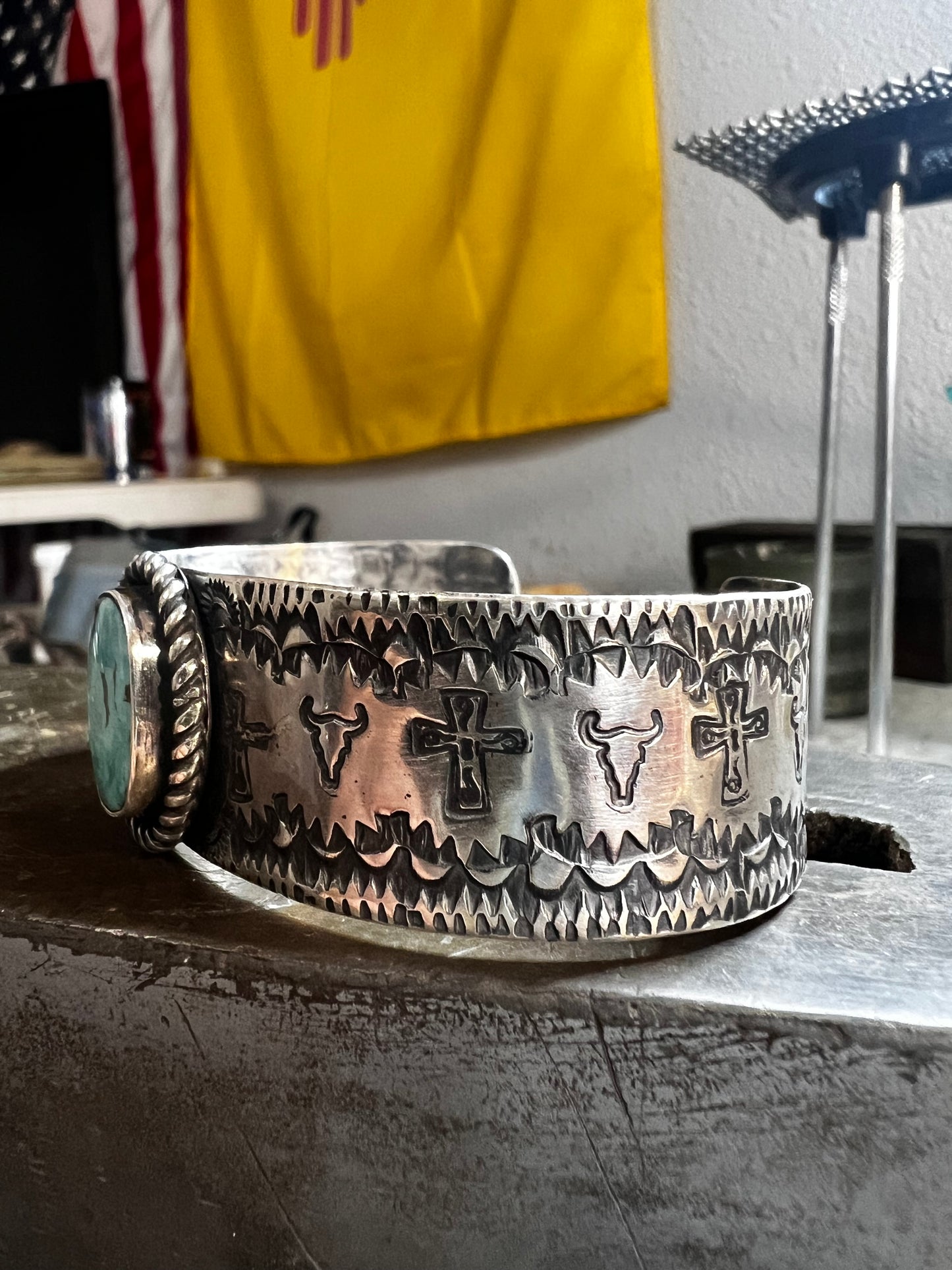 Handmade sterling silver cuff with Pilot Mountain turquoise. Size 6 inches.