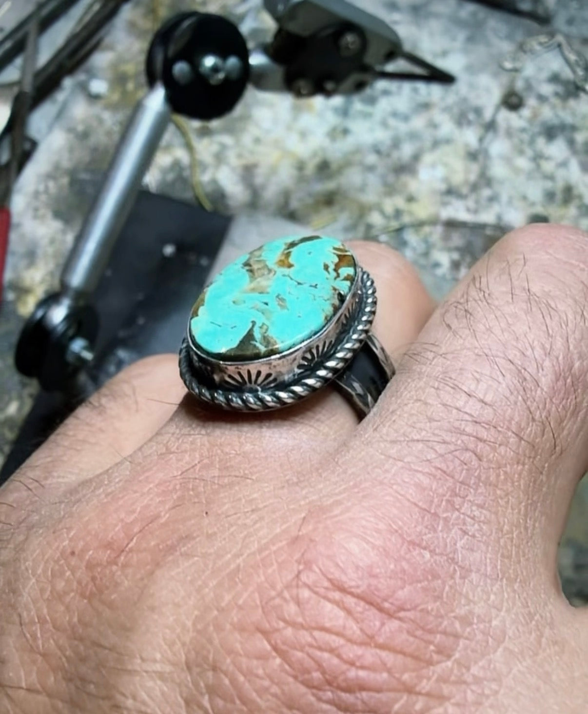 Hand made sterling silver and Tyrone turquoise ring size 10