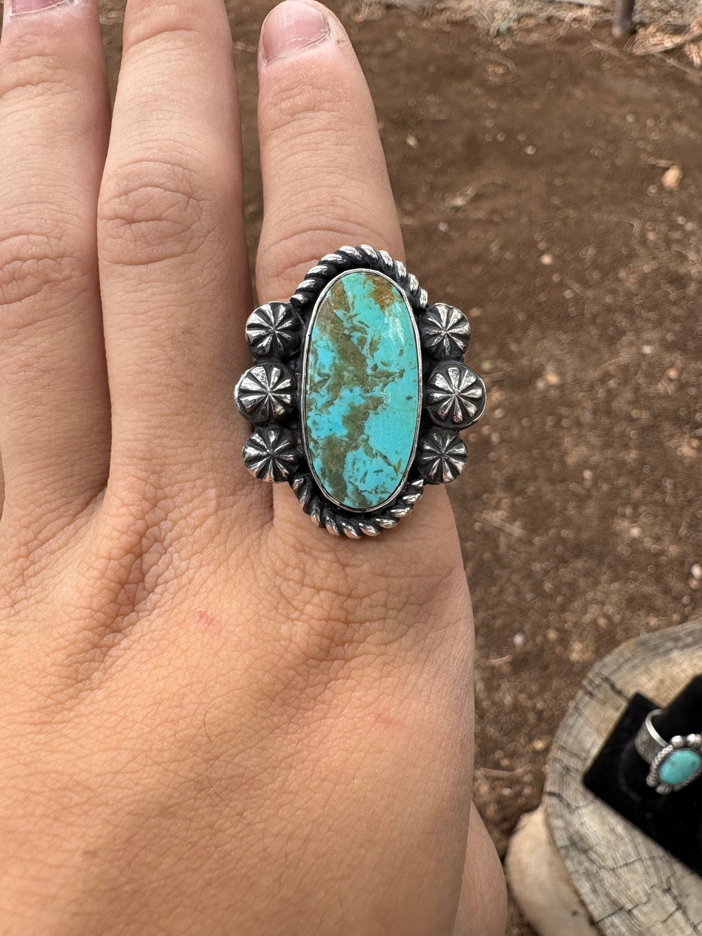 Hand made sterling silver and Tyrone turquoise ring size 10.5