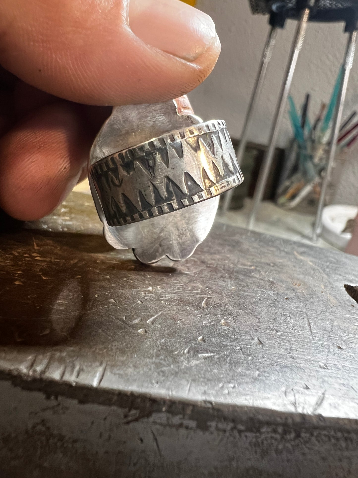 Handmade sterling silver and Sonoran turquoise and onyx ring. Size 8