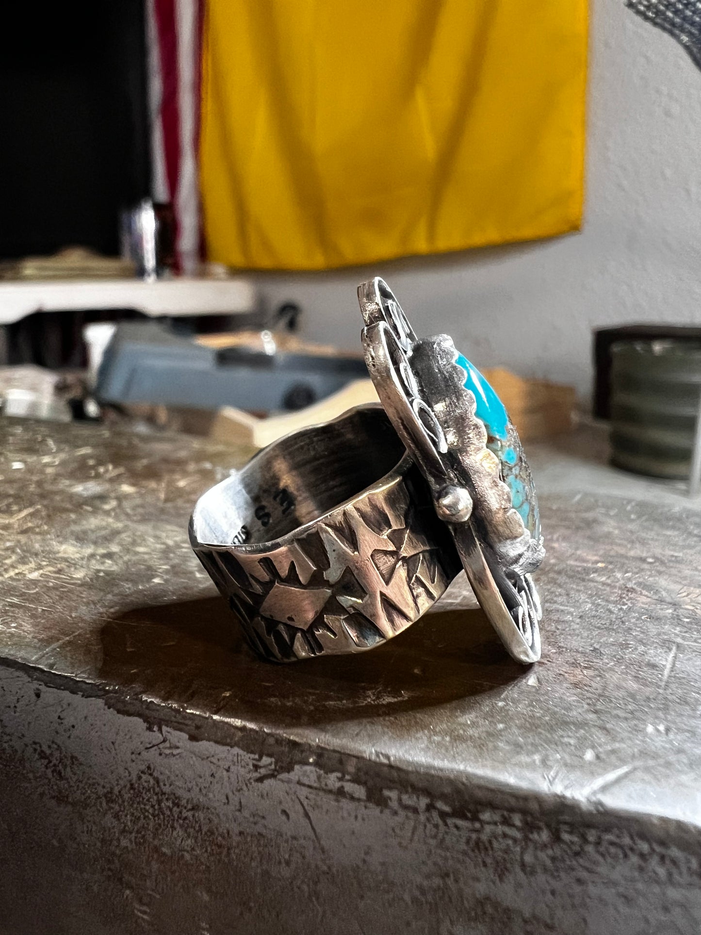 Handmade sterling silver and Morenci turquoise ring. Size 8.