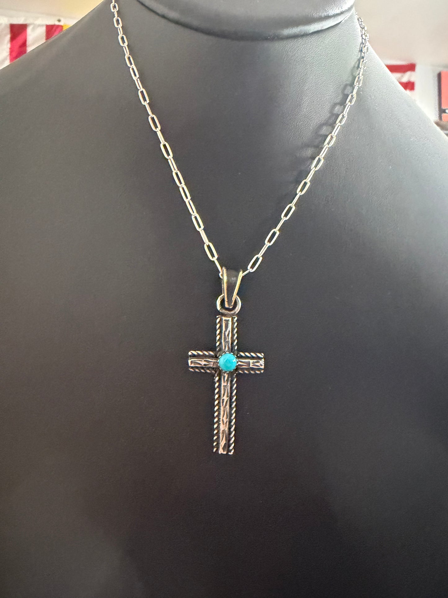 Handmade sterling silver cross, and Apache turquoise on a 18 inch sterling chain
