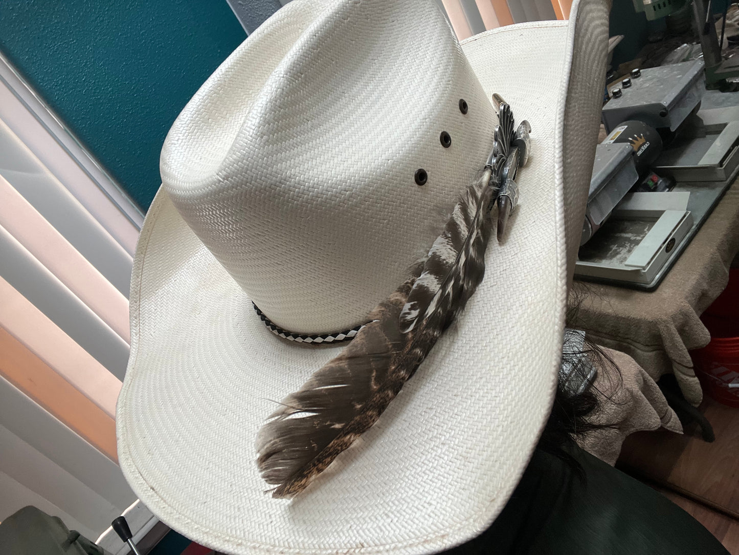 Handmade sterling silver, blackjack turquoise, black bear claw and turkey feather, adjustable hat band