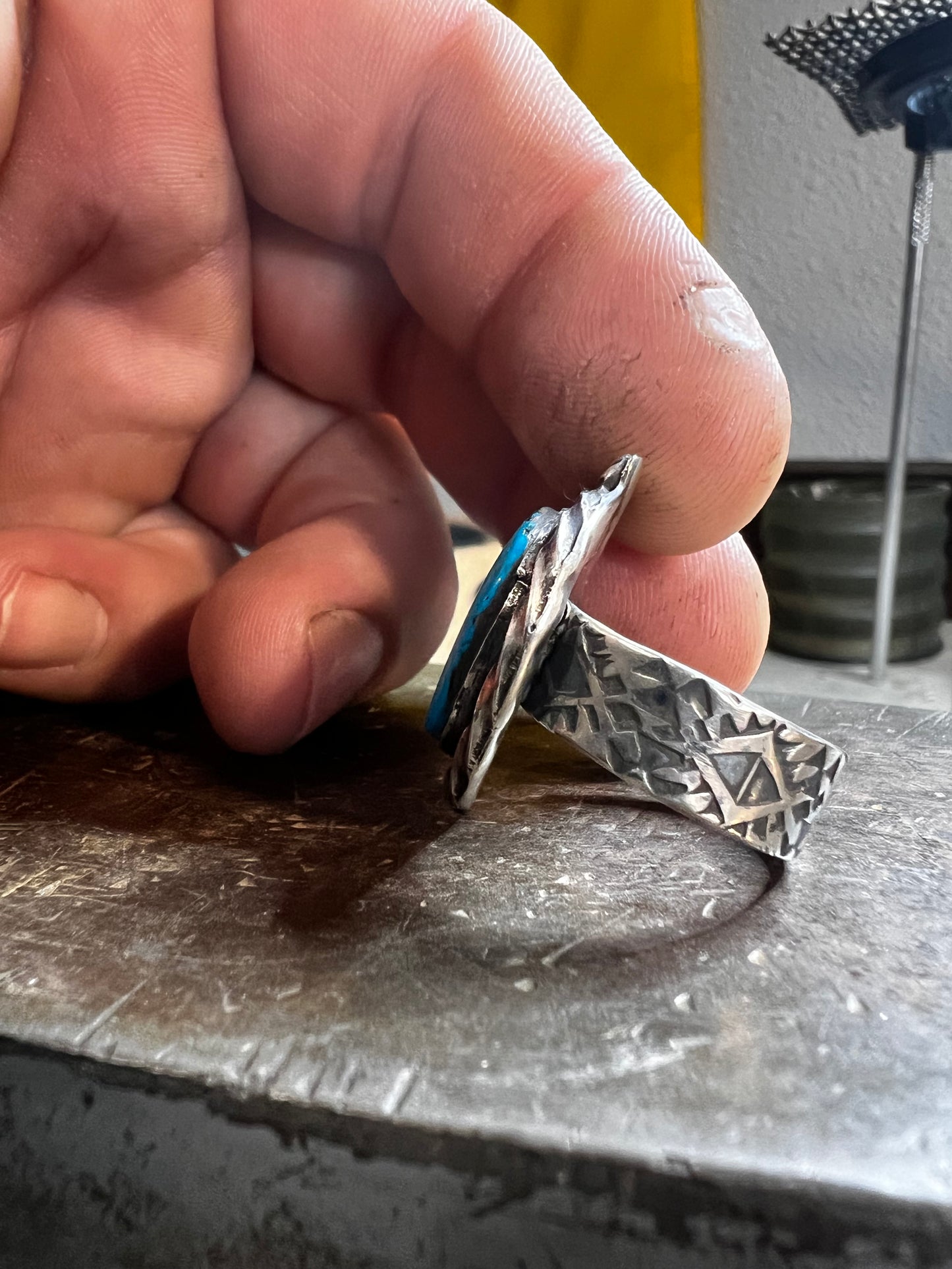 Handmade sterling silver and Morenci turquoise ring size 8