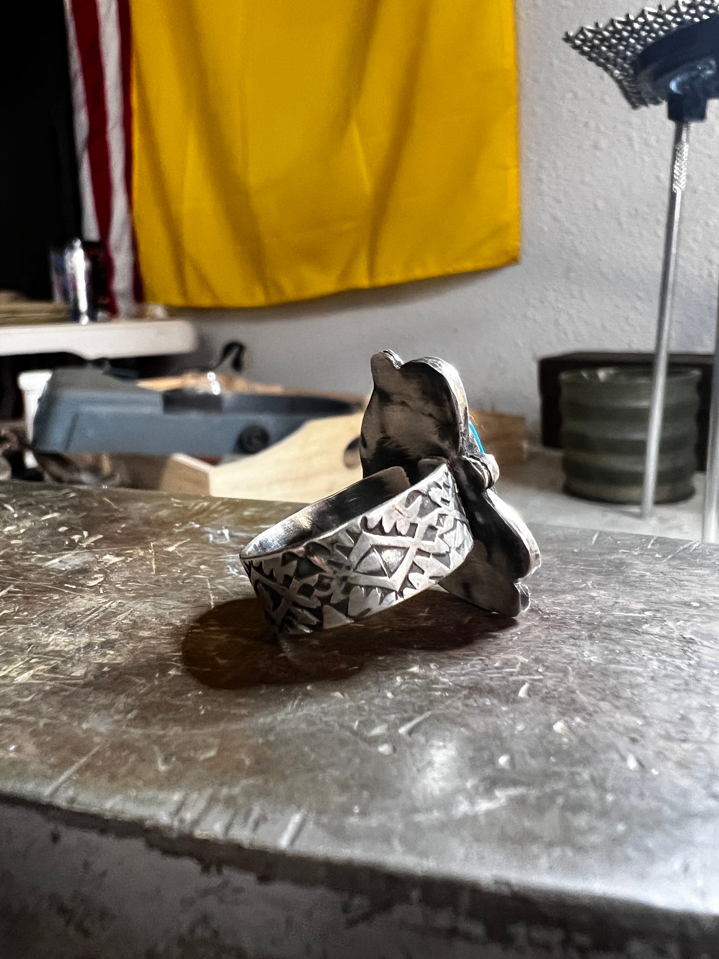 Handmade sterling silver and Morenci turquoise ring size 8