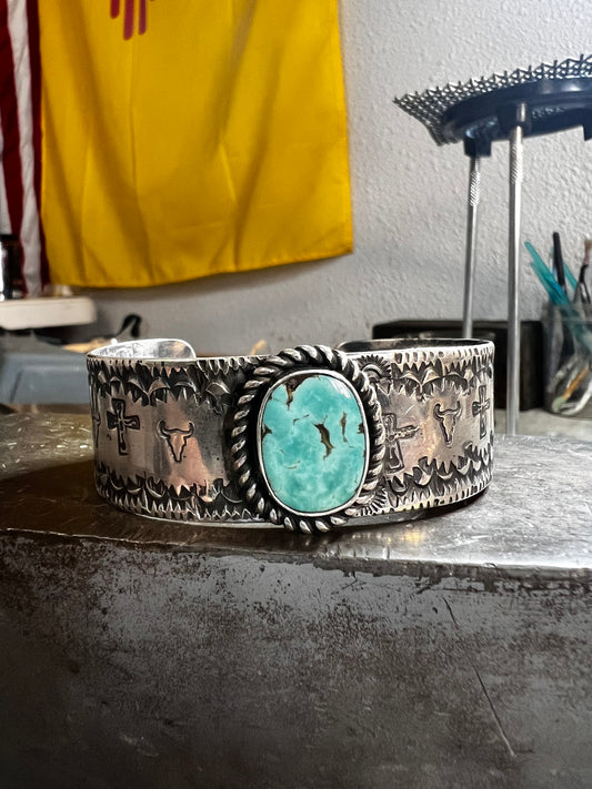 Handmade sterling silver cuff with Pilot Mountain turquoise. Size 6 inches.
