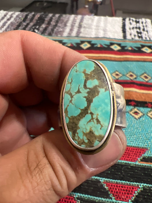 Handmade sterling silver and Tyrone turquoise casted ring. ￼ size 10.