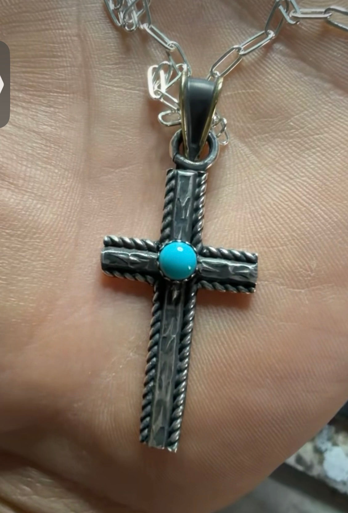 Handmade sterling silver cross, and Apache turquoise on a 18 inch sterling chain