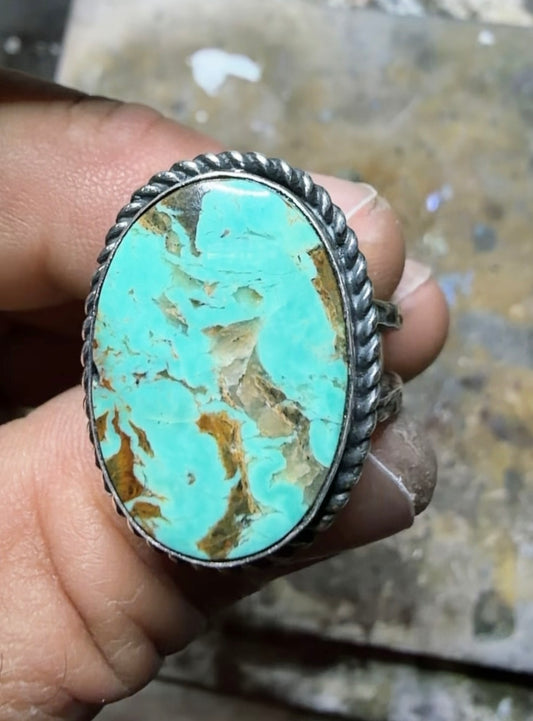 Hand made sterling silver and Tyrone turquoise ring size 10