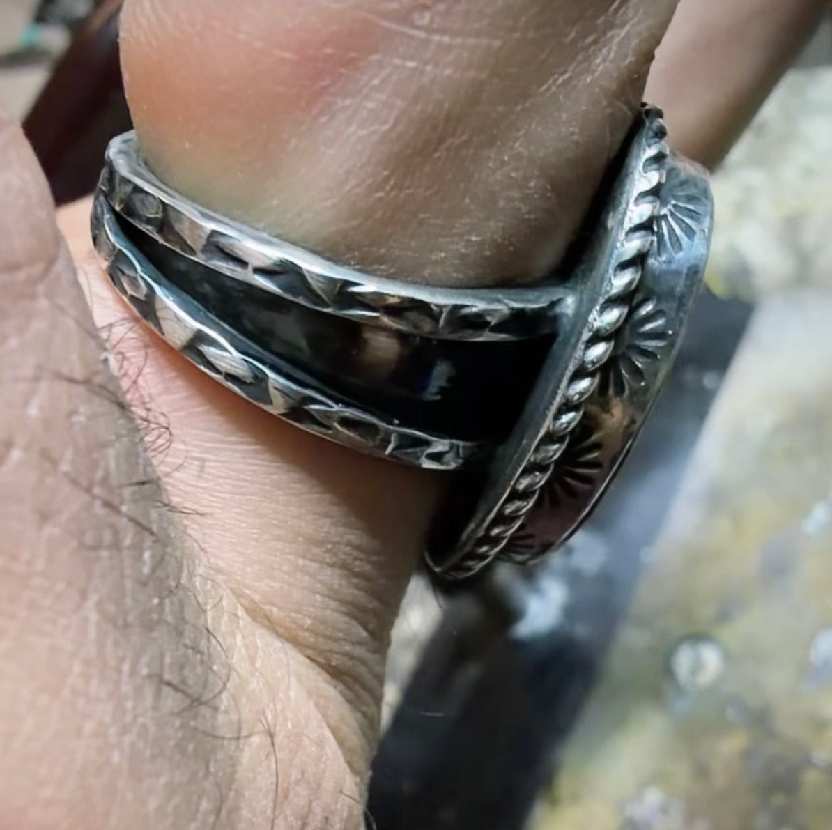 Hand made sterling silver and Tyrone turquoise ring size 10