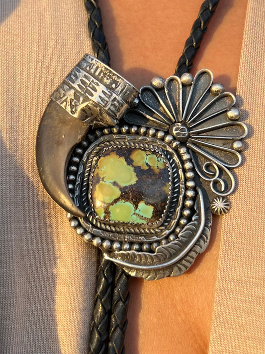 Handmade, black bear claw bolo tie, with sterling silver, and Hubei Turquoise