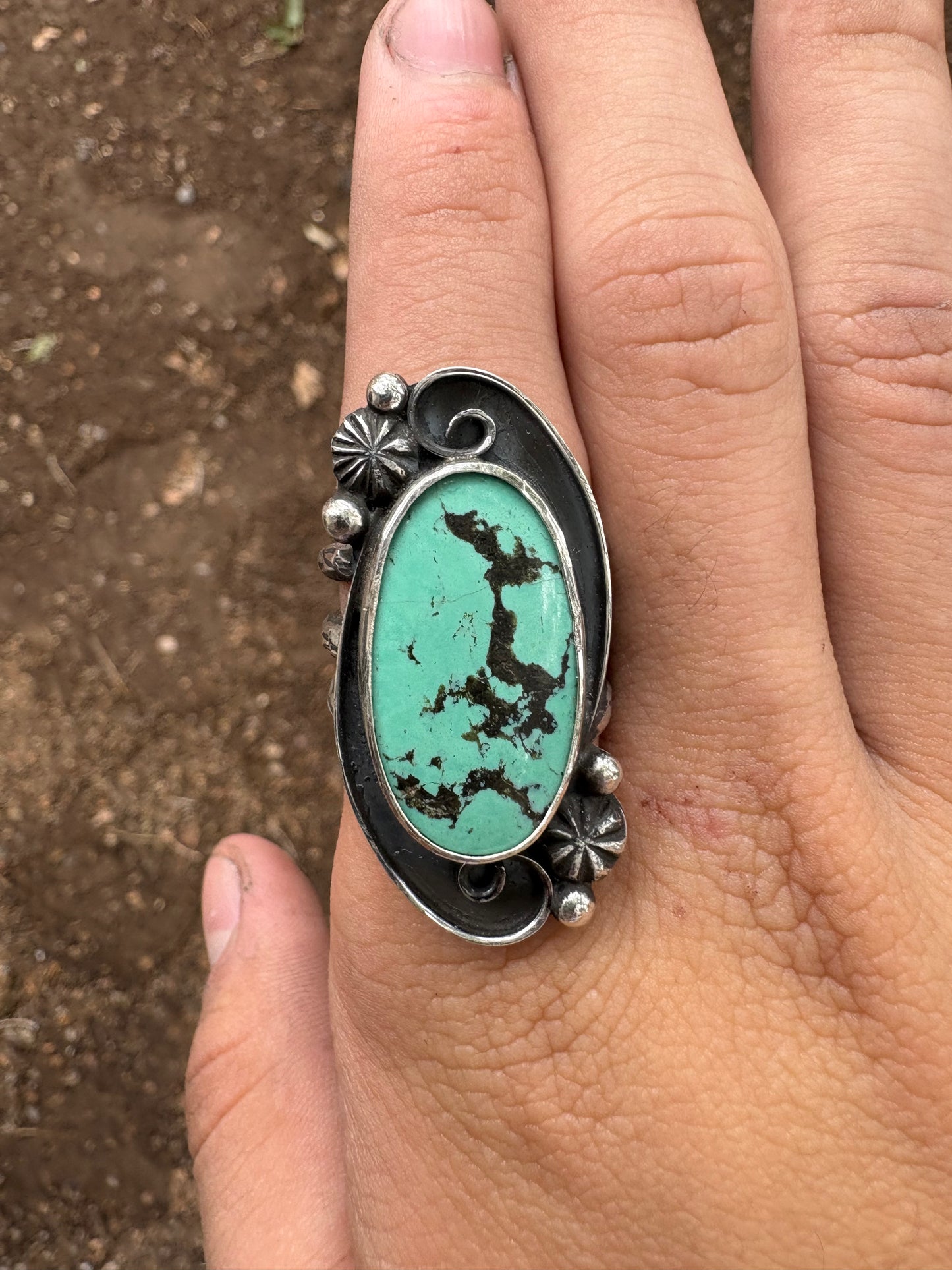 Hand made sterling silver and Pilot Mountain turquoise ring size 6 1/2.