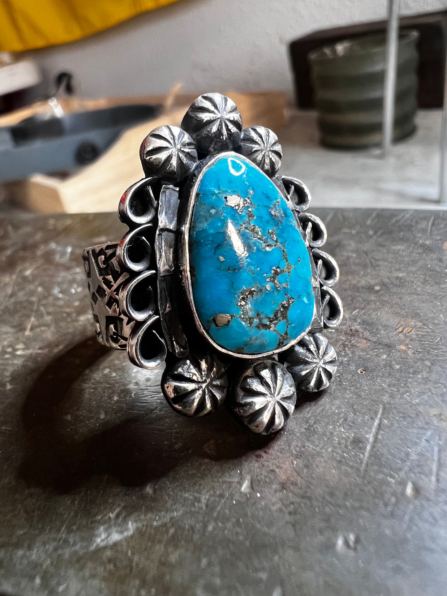 Handmade sterling silver and Morenci turquoise ring size 8