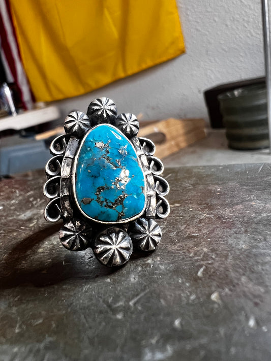 Handmade sterling silver and Morenci turquoise ring size 8