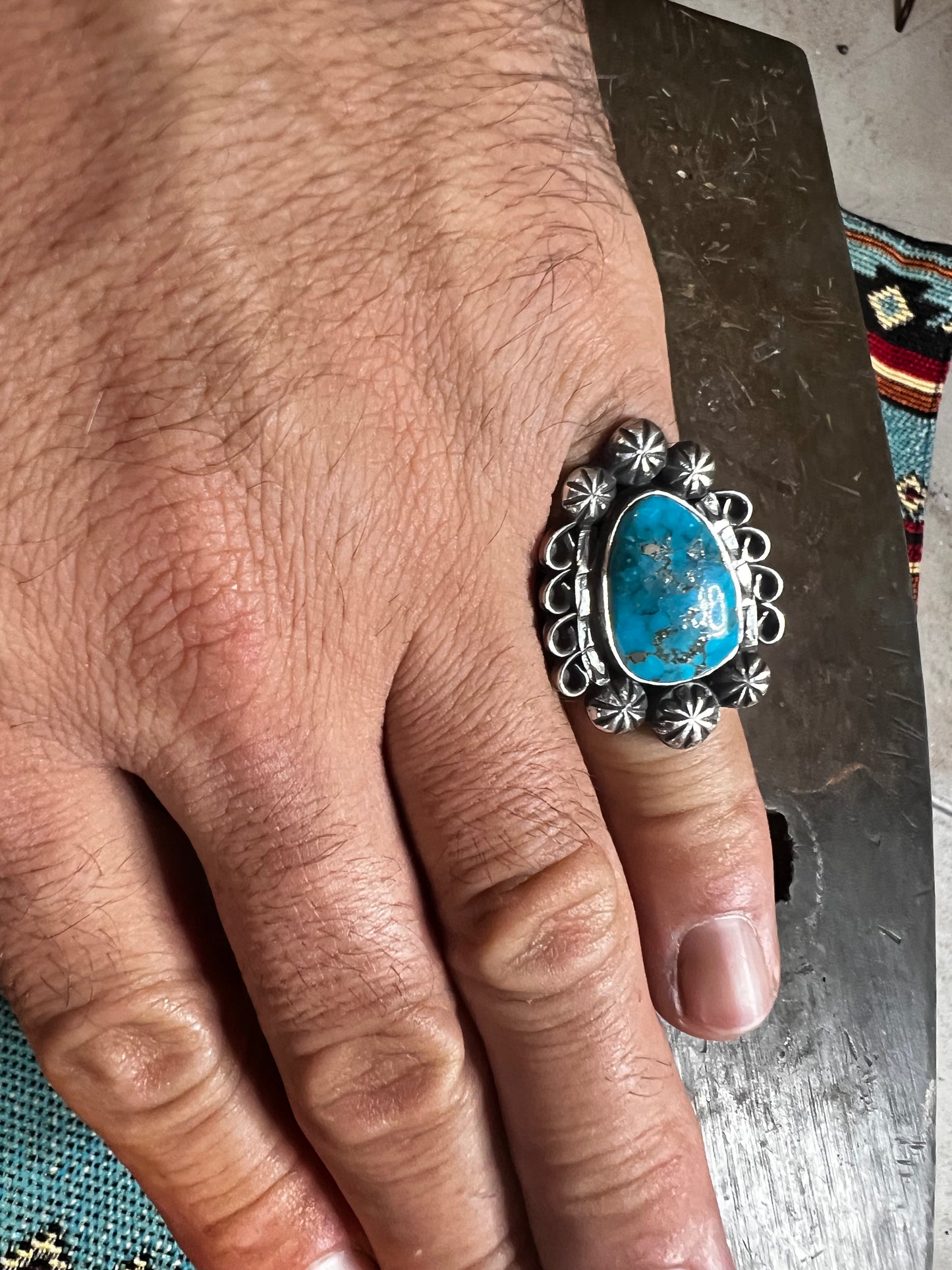 Handmade sterling silver and Morenci turquoise ring size 8