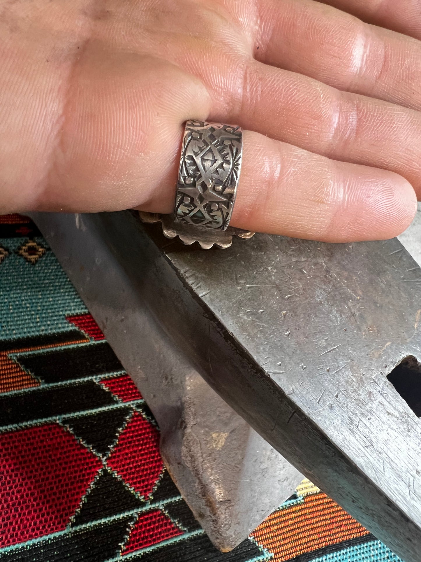 Handmade sterling silver and Morenci turquoise ring size 8