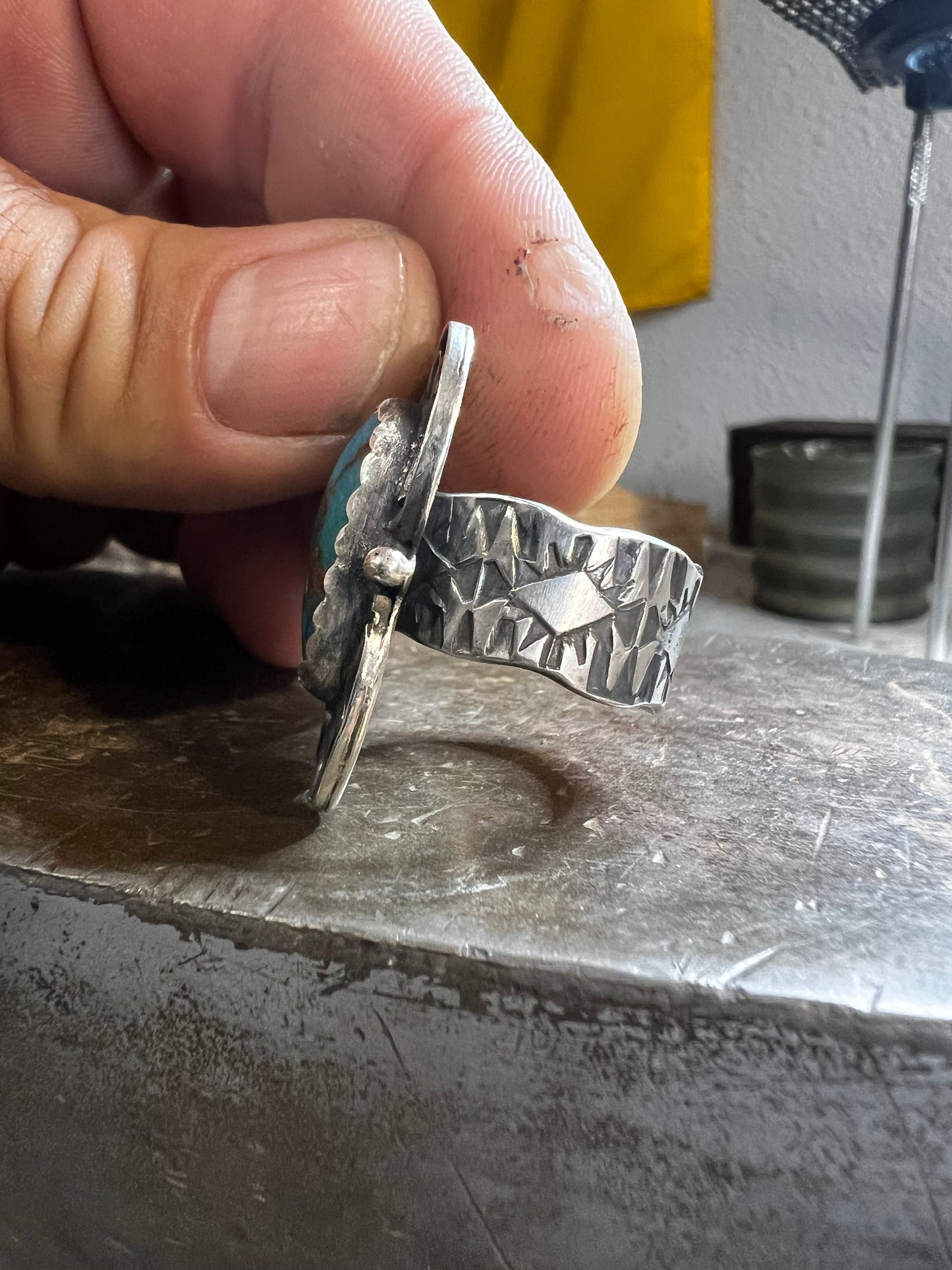 Handmade sterling silver and Morenci turquoise ring. Size 8.
