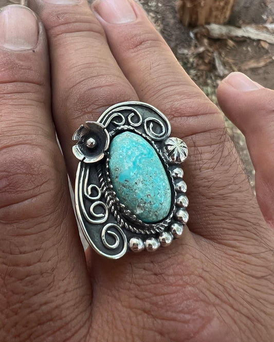 Handmade sterling silver ring with Fox Mountain turquoise