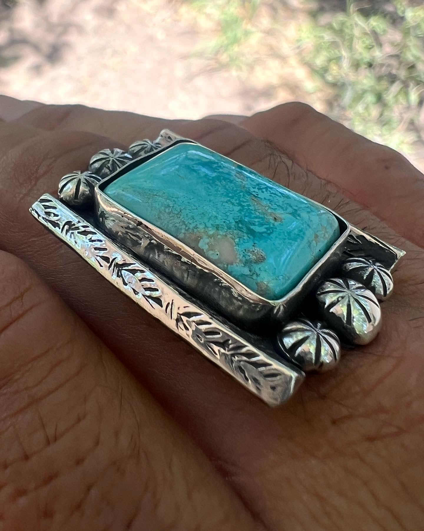 Handmade sterling, silver and fox mountain turquoise ring