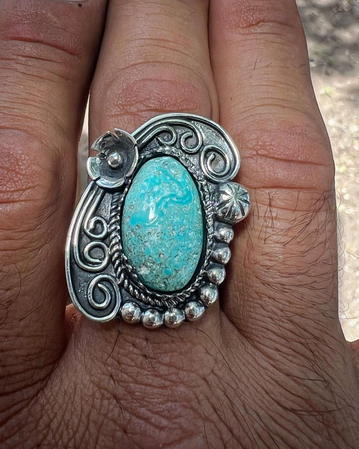 Handmade sterling silver ring with Fox Mountain turquoise 7.5