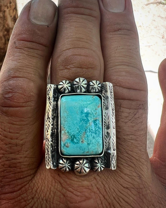 Handmade sterling, silver and fox mountain turquoise ring