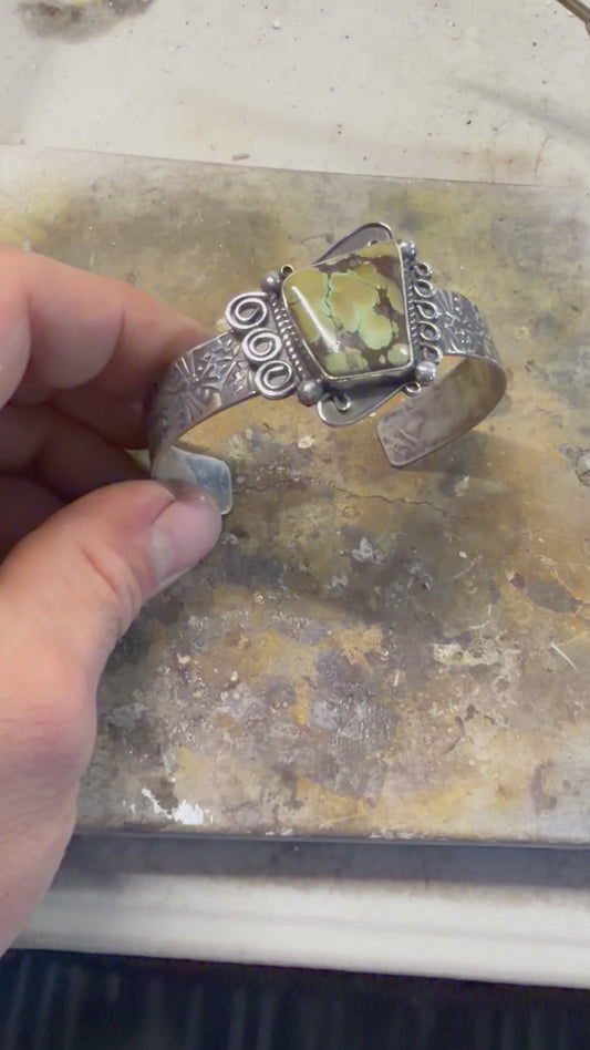 Handmade sterling silver cuff with hubie turquoise. 6”