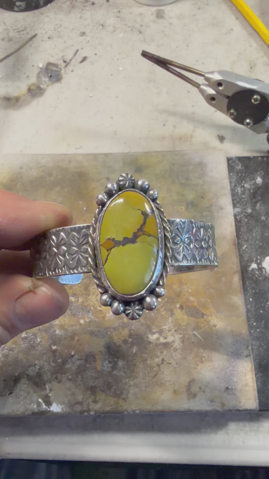 Handmade sterling silver cuff with Hubie turquoise. 6“