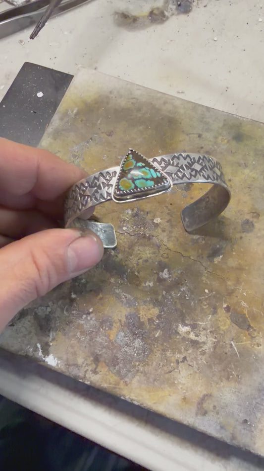 Handmade sterling silver cuff with Hubie turquoise 6”
