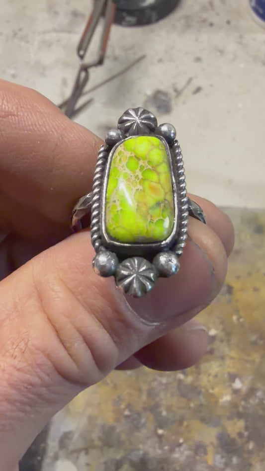 Sterling silver and green apple Hubie turquoise ring size 9